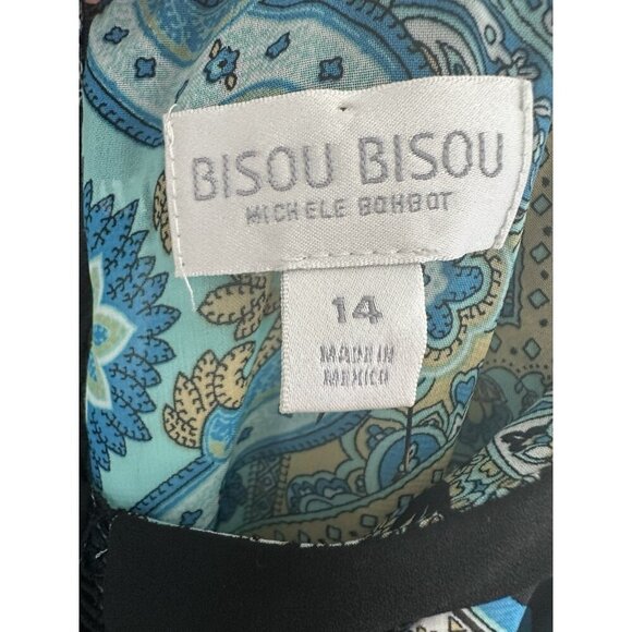 NWT BISOU BISOU Michele Bohbot Teal Scarf Tile Print Black Trim Maxi Dress 14 - Picture 5 of 15